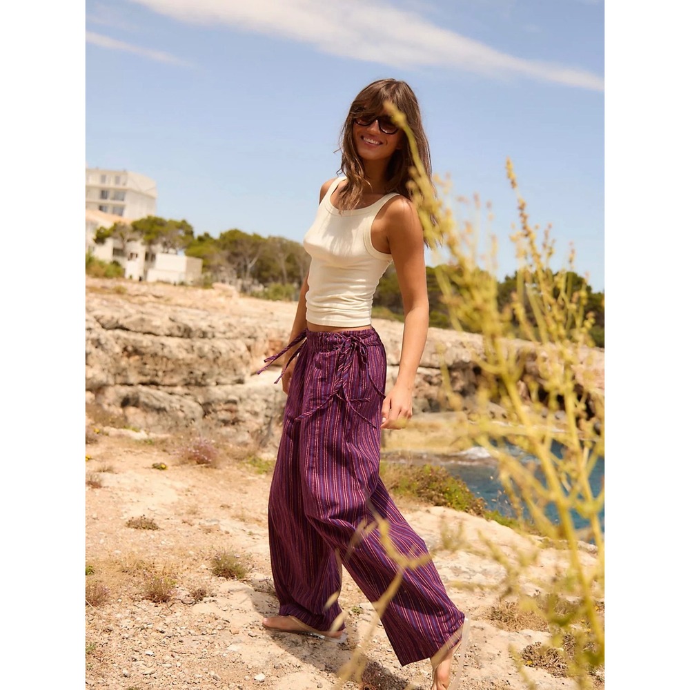Free People Sun Dazed Cotton-Linen Striped Pants Mocha Combo XS